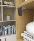 Black Corner Braces Heavy Duty L Brackets mounted inside a bookshelf, providing support for wooden shelves and stability.
