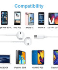 Two Pack USB C Earbuds With Mic And Remote For iPhone 15 16 17, compatibility with various phones and laptops shown.