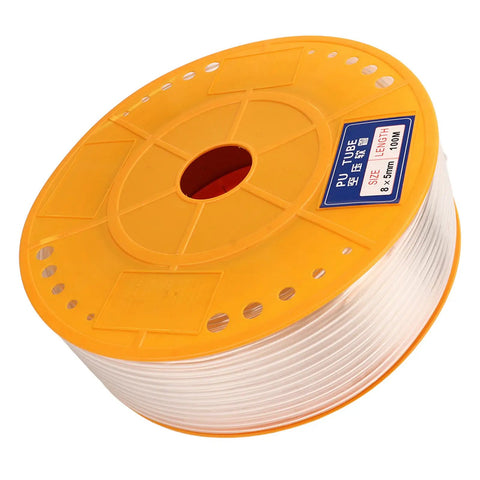 Rock Solid Transparent Air Hose Twelve Millimeter Outer Diameter Eight Millimeter Inner Bore Clear Pneumatic Tubing roll with yellow spool.