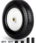 16 Inch Flat Free Solid Tire And Wheel For Garden Carts Wheelbarrows And Lawn Mowers with bearings and spacers displayed