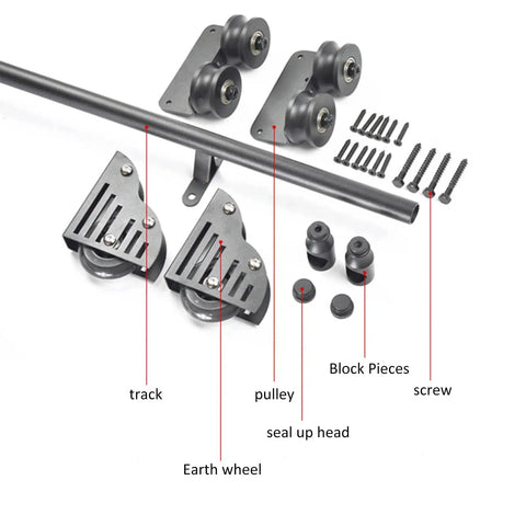 Heavy Duty Rolling Ladder Track Kit With Floor Roller Wheels Slick Glide Round Tube Rail includes pulleys, tracks, and screws for setup.