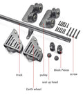 Hella Sturdy Rolling Ladder System Featuring Smooth Glide Barn Door Hardware Adjustable Floor Rails With Heavy Duty Wheels parts including track, pulleys, and screws.