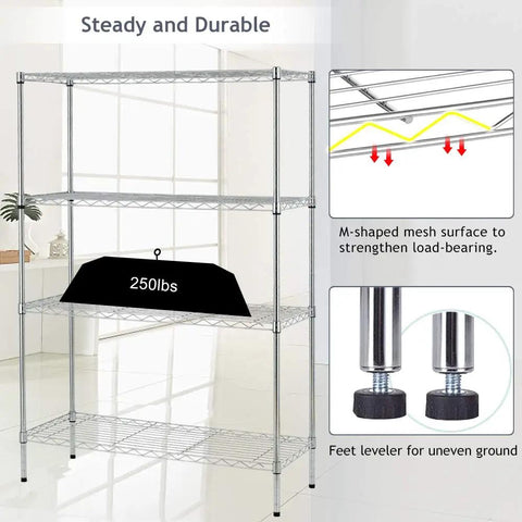 Adjustable Heavy Duty Wire Shelving Rack Four Tier Metal Storage Unit Totally Tool Free Setup Built Tough For Garage And Closet Holds Two Hundred Fifty Pounds Per Shelf Chrome Finish with M-shaped mesh surface for strength.