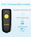 Front view of 2D Wireless Barcode Scanner with Bluetooth and USB Dock for Inventory Management, showing connection modes.