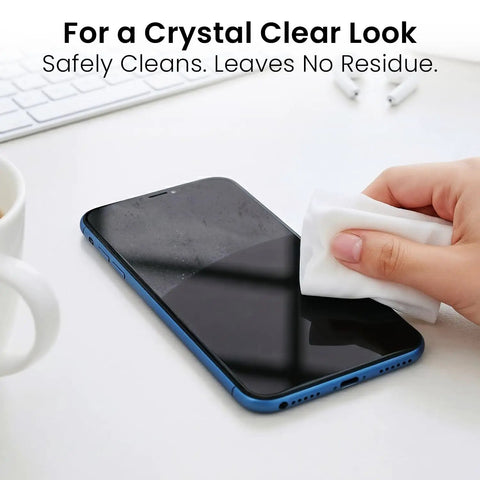 Person using Streak-Free Screen Cleaner Wipes For TV, Computer, Laptop, iPad And Monitor With Microfiber Cloth, 90 Wipes Pack on smartphone screen.