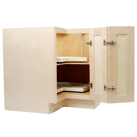 Unfinished Birch Kitchen Lazy Susan Corner Cabinet 36 Inch Featuring Twin Spin Shelves And Reversible Door open with shelves inside.