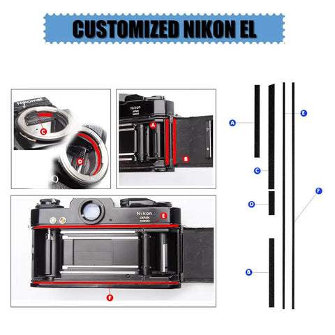 Customized Nikon El camera with detailed foam seal placements. Sleek Precision Cut Self Adhesive Light Seal Foam Sponge Replacement Kit For Nikkormat El 35Mm Film Camera Vintage Photography Gear Fix Straight Up Slick And Standout Quality.