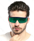 Close-up of a man wearing Top Shelf Laser Safety Glasses Hella Secure Against Uv Blue Red And Infrared Beams Od4 Plus Lens.
