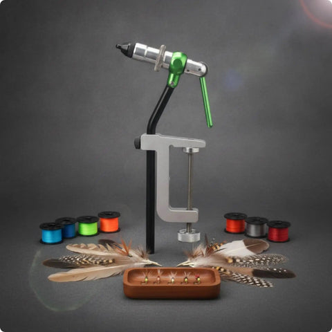 Fly Tying Vise With Adjustable Head And Hardened Steel Hook Jaws, No Slip Bench Tool That Doubles As Fly Tying Workhorse, Silver Finish With Scale For Accurate Measurements For Every Session, shown with clamp