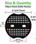 100Pcs Garden Staples Plastic Buffer Washers For Landscape Stakes Gaskets, size 2.75 inch, black circular design with grid pattern.