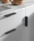 20 Pack Black Cabinet Pulls 3 Inch Edge Finger Pull Aluminum Alloy Hardware Installed on White Kitchen Cabinets
