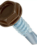 No Sweat Hex Washer Head Self Drilling Screws Size 10 Three Quarter Inch Painted 100 Pack view of a brown hex washer head screw with blue shaft.