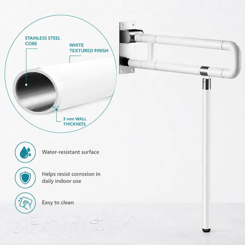 Dang Sturdy Flip Up Toilet Safety Handle With Floor Base Stand For Seniors And Rough Days crafted from stainless steel with white finish.