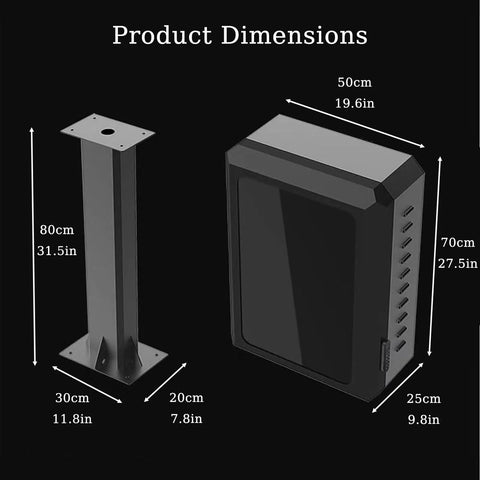 Top Shelf Heavy Duty EV Charger Lock Box Built Tough With Rock Solid Key Code Security And All Weather Resistant Shell dimensions and mounting details.