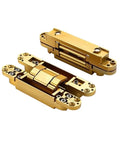 Kick Your Closet Upgrades With This Pair Of 3D Adjustable Hidden Door Hinges Featuring Slick Silver Finish And Heavy Duty Build For No Mess Installation And Butter Smooth Swings, golden color, showing two hinges.