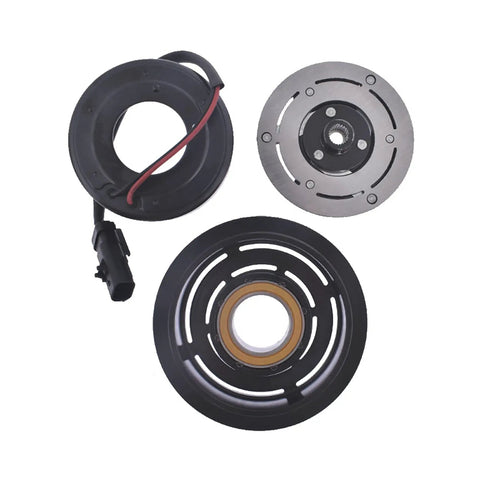 Slick Swap AC Compressor Clutch Kit With Solid Build Pulley And Tight Seal Coil, three components displayed, for Dodge Dakota, Ram, Jeep engines 2002-2005.