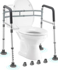 Adjustable Foldable Toilet Safety Rails For Seniors Handicap Users Straight Up Strong Aluminum Grab Bar with non-slip rubber pads.