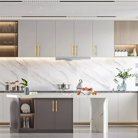 Slick 10 Pack Brushed Gold Kitchen Cabinet Handles 5 Inch Center To Hole Pulls For Wooden Drawers Cupboards Easy Mount in modern kitchen