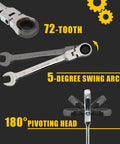 20 Piece SAE And Metric Ratcheting Wrench Set With Chrome Vanadium Steel, showing 72-tooth ratchet and 5-degree swing arc features.