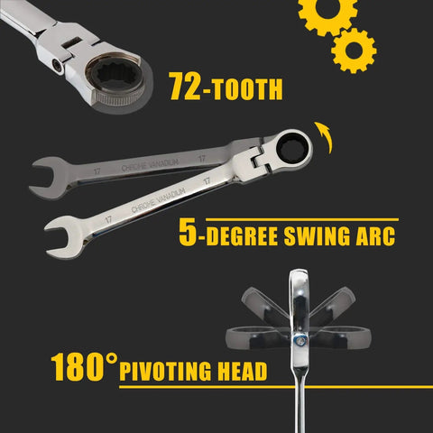 20 Piece SAE And Metric Ratcheting Wrench Set With Chrome Vanadium Steel, showing 72-tooth ratchet and 5-degree swing arc features.