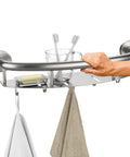 18 Inch Shower Grab Bar With Storage Shelf Brushed Nickel Stainless Steel Handicap Safety Rail Tough As Nails Construction And Dead Simple Setup For Seniors with toiletries and towel.