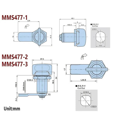 Technical diagram of Keyless Handle Cabinet Cam Lock For Boxes Cabinets Lockers Doors Drawers Wardrobe Yacht Car MMS477