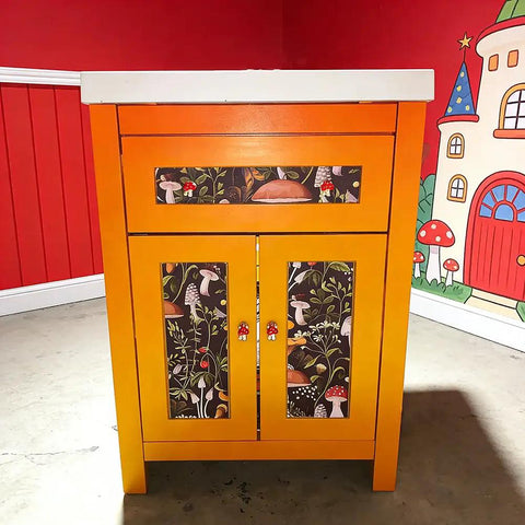 Killer Mushroom Cabinet Knobs Solid Zinc Alloy Furniture Pulls For Bedroom Dresser And Kitchen Drawer Hand Painted Decorative Handle Set Of Four Game Changing Home Refresh Slick Finish on bright orange cabinet.