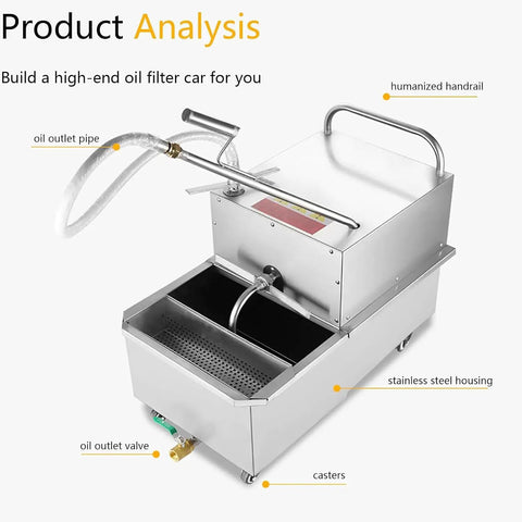 Huge 65 Liter Commercial Fryer Filter Machine Pump System Stainless Steel Oil Filtration Unit For Restaurant Kitchens Efficient Cooking Grease Separator Heavy Duty Mobile Cart Design with oil outlet pipe and humanized handrail.