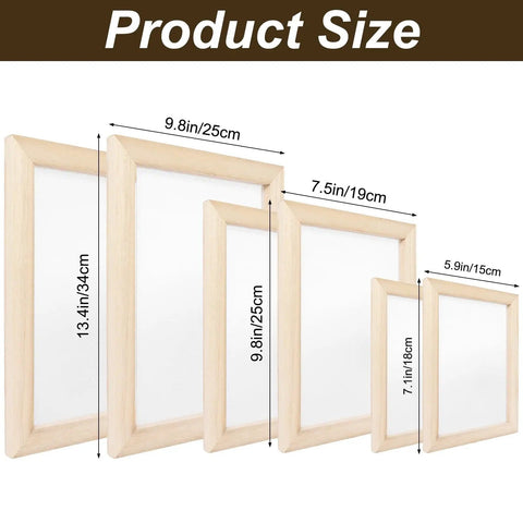 All In One 3 Pack Paper Making Frame Kit With Wooden Screens In A4 A5 A6 Sizes showing product dimensions.