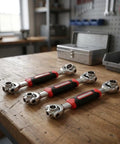 Heavy Duty Swivel Socket Wrench Set 8mm To 21mm showcases three wrenches on a wooden workbench for grease monkey projects.