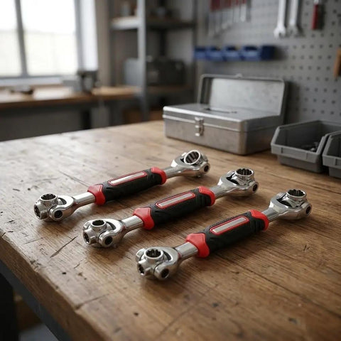 Heavy Duty Swivel Socket Wrench Set 8mm To 21mm showcases three wrenches on a wooden workbench for grease monkey projects.
