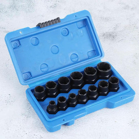 Heavy Duty Extractor Socket Tool Kit For Stubborn Bolt And Nut Removal Featuring Reverse Spiral Flutes and Ridiculous Grip Strength, 13 pcs in blue case.