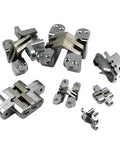 Top Shelf Two Piece 304 Stainless Steel Hidden Hinges Invisible Concealed Folding Door Kit Built Like A Brick For Kitchen Cabinetry showcasing various hinge sizes.