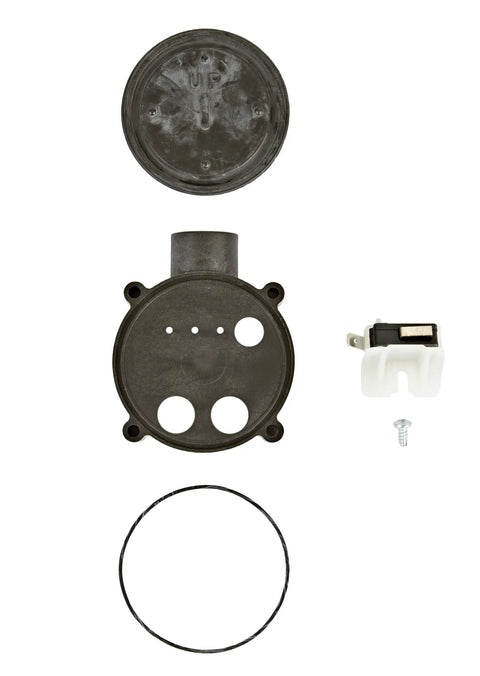 Heavy Duty Sump Pump Diaphragm Switch Repair Kit For No Sweat Basement Water Cleanup DIY Fix parts including diaphragm housing, switch, and o-ring.