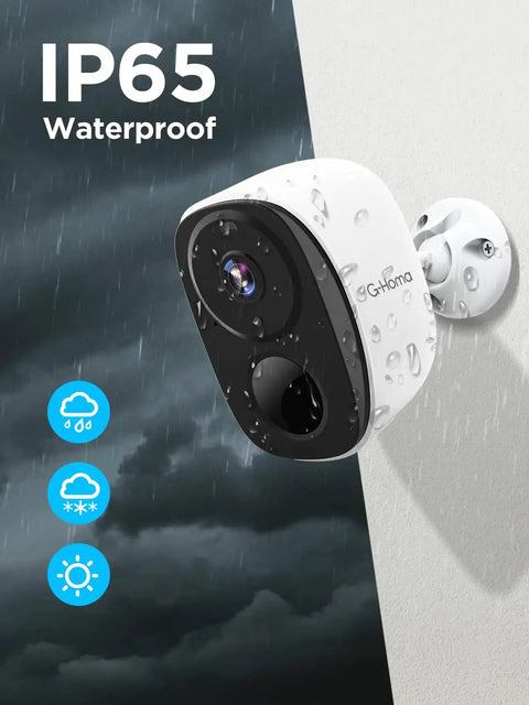 Outdoor Wireless Battery Powered Security Cameras 2 Pack Pro Kit With 2K FHD Video on wall in rain, showing IP65 waterproof