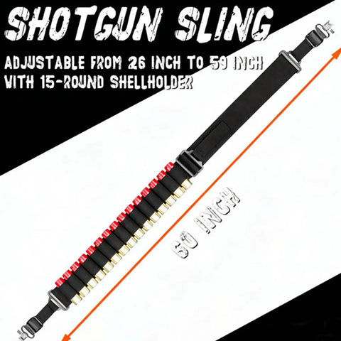 Two Point Shotgun Sling With 15 Round 12 Gauge Shell Holder Go To Accessory For Quick Access Ammo During Hunting And Outdoor Adventures Built For Field Use displaying full length and adjustment text.