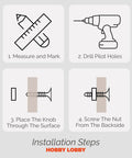 Installation steps for Score That Rustic Look Instantly With This Set Of Two Red Rooster Metal Knobs, including measuring and marking.