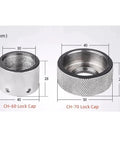 Two steel locking caps for CH-60 and CH-70 hydraulic punch presses, showing measurements and detailed design.