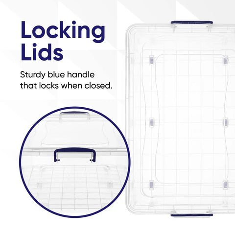 Close-up of Sixty Quart Clear Stackable Storage Bins With Tight Lids showing secure locking lid with blue handle.