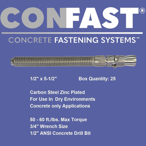 1/2 Inch By 5-1/2 Inch Wedge Anchor Zinc Plated For Concrete Dry Environments Box Of 25 Durable Expansion Anchor