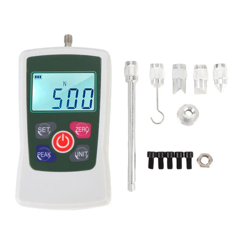 50N Digital Force Gauge And Handheld Push Pull Meter With Bright Backlit Screen and accessories for precise measurements.