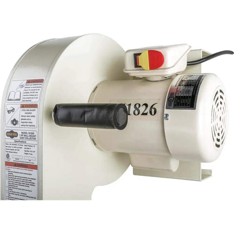 Close-up of W1826 Wall Mounted Dust Collector with 2.5 Micron Filtration, 1 HP motor, in white finish, showing side details.