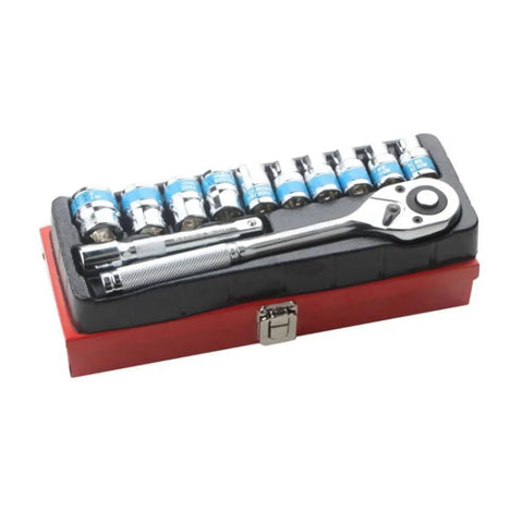 Real Deal 12 Piece Torque Wrench Set With 1/2 Inch Drive Metric Hex Sockets And Adjustable Spanner Kit in a compact storage case.