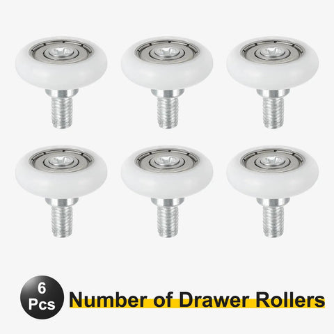 Score Serious Smoothness With Heavy Duty White Nylon Drawer Rollers Featuring M6 Threaded Shanks, 6-pack of 25mm wheels.