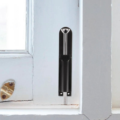 Heavy Duty Spring Loaded Drop Rod Gate Latch Floor Mounted Hardware For Wood And Metal Doors, black latch mounted on window.