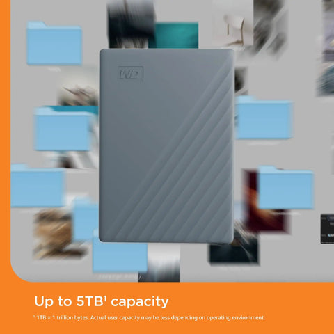 External hard drive with text 'Up to 5TB capacity' surrounded by blurred digital images and folders, emphasizing data storage.