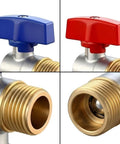 Heavy Gauge 1/2 Inch Brass Angle Stop Valve Built Tough As Nails With A Full Port Design showing blue and red handles, brass fittings.