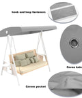 Outdoor Swing Canopy Replacement Cover For 3 Seat Gray Waterproof Swing Covers Universal Fit showing details and attachments.