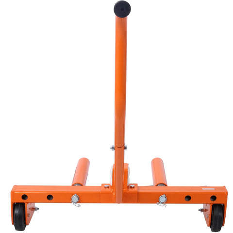 Heavy Duty Adjustable Tire Wheel Dolly Set Of Four 5500 Lbs Steel Car Mover With Beast Mode Grip Swivel Wheels and Anti Skid Plate for Rock Solid No Sweat Garage Hauls in Bright Orange, front view.