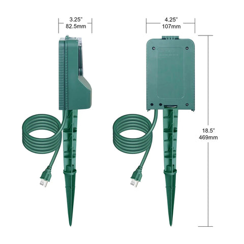 Straight Up Hassle Free Outdoor Power Stake With Photocell Timer And Dusk To Dawn Sensor. Green power stake with 6ft cord.